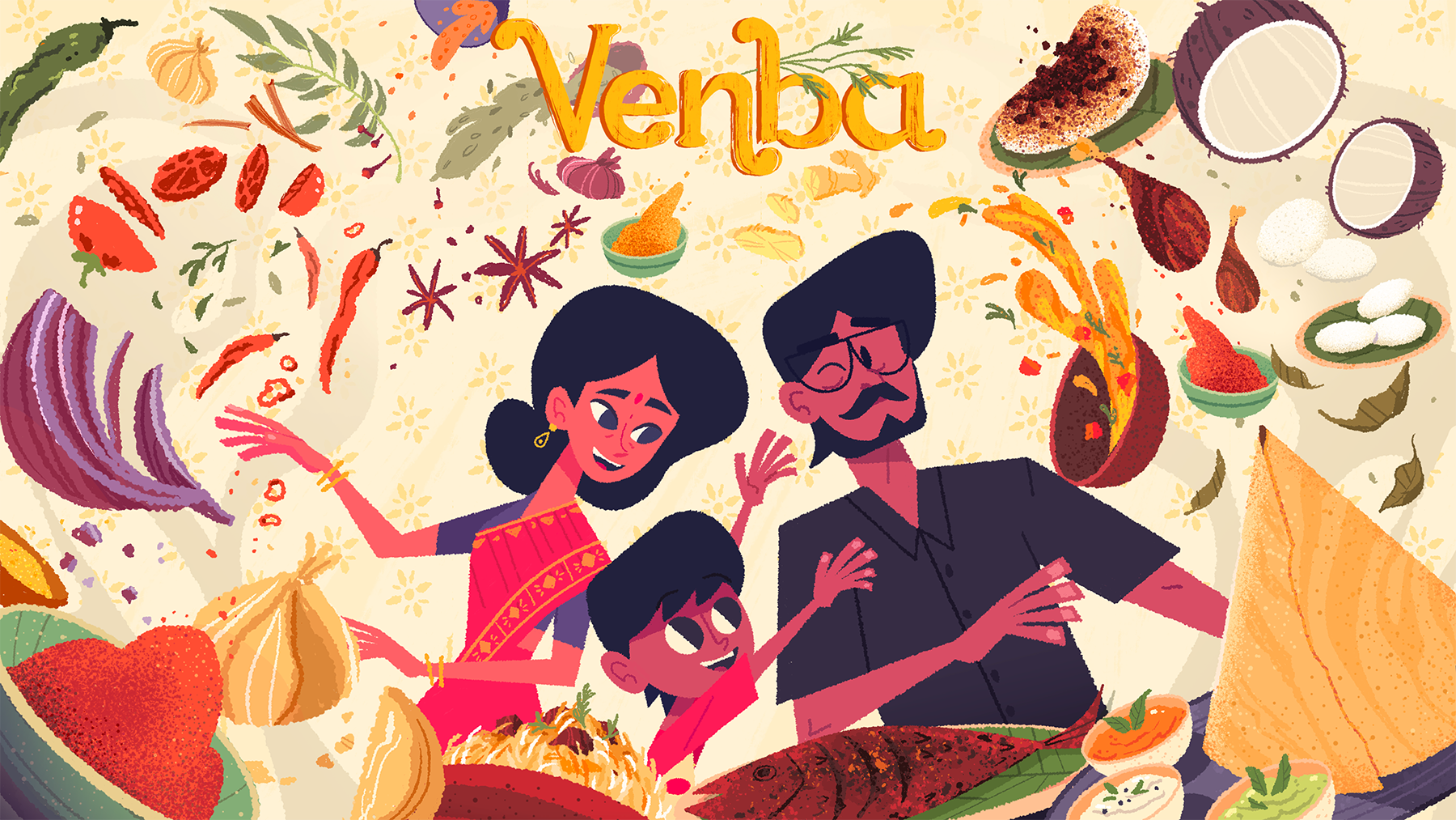 A  promotional image for Venba showing an Indian Mother, Son, and Father cooking together