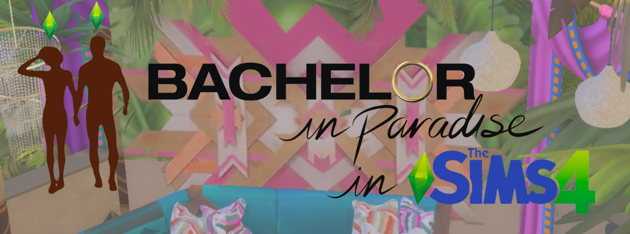 - - A rectangular promotional image for Bachelor in Paradise in The Sims 4. It features the game title along with screenshots from the game in the background and 2-D character cutouts of a female and male character with green diamonds above their heads.