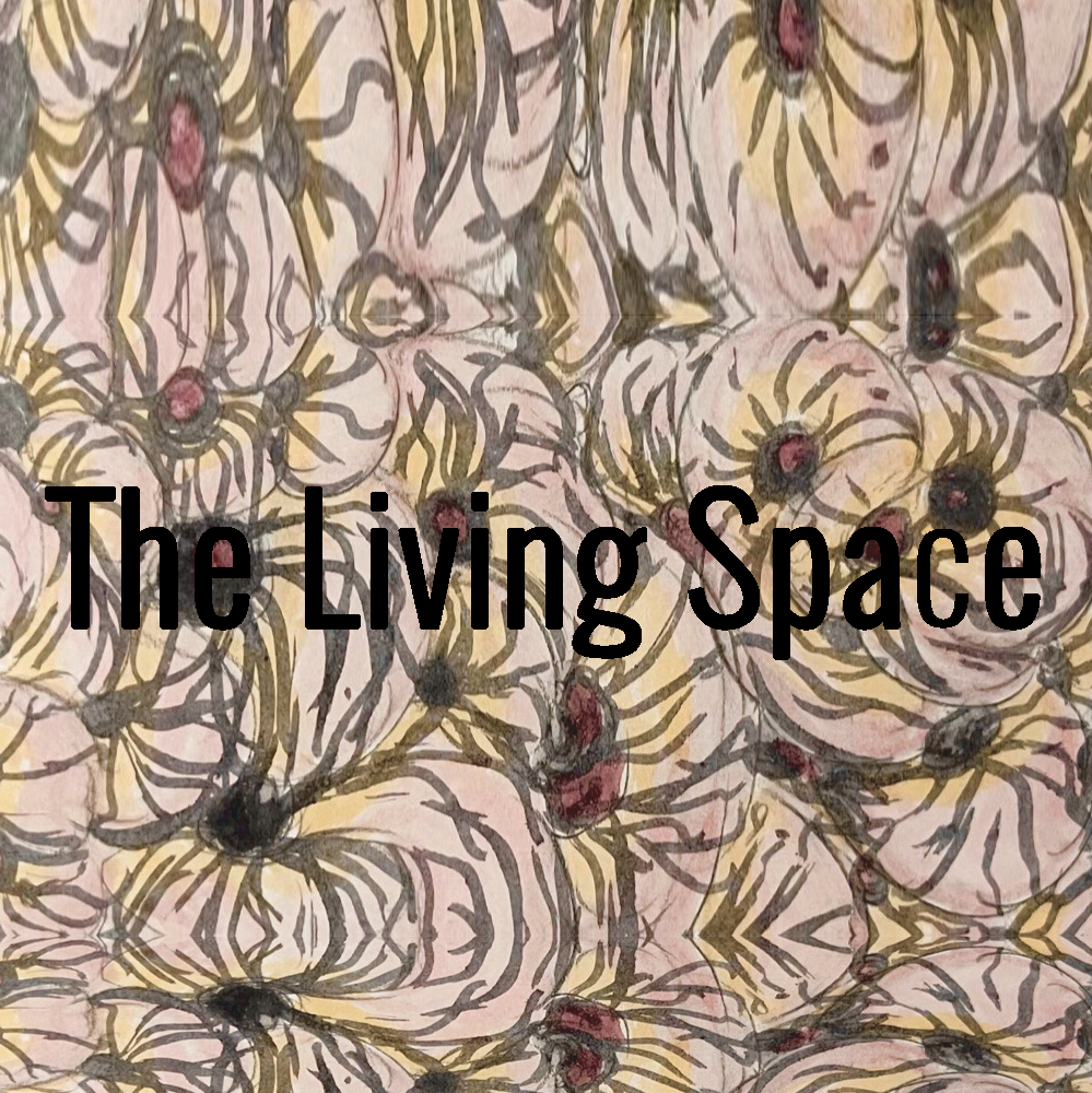 - A square promotional image for The Living Space. It features the title in black with a beige, yellow, red, and black floral pattern in the background.
