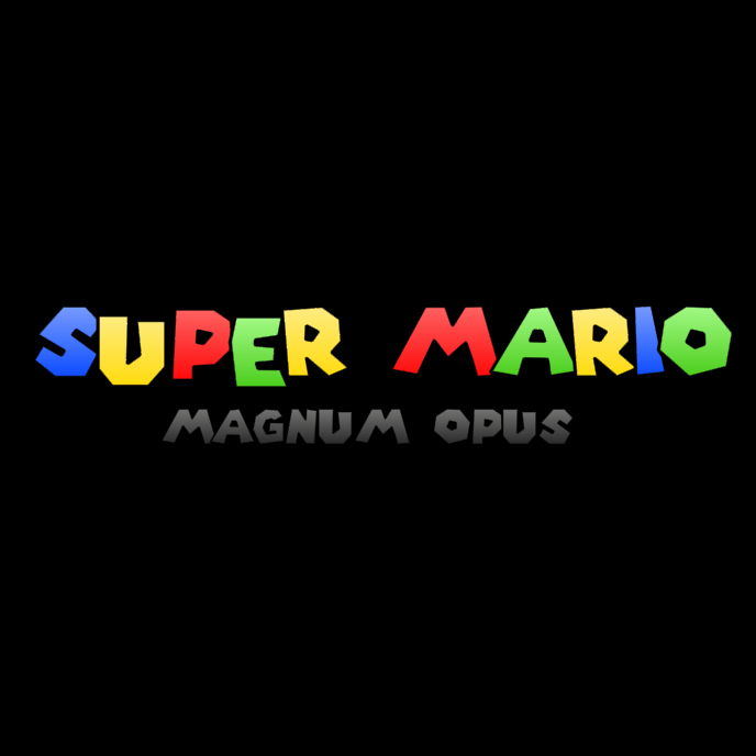 - - A square promotional image for Super Mario: Magnum Opus featuring a black background and the tile rendered in alternating colors of Blue, Yellow, Red, Green from letter to letter.