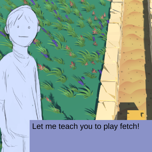 A square promotional image for Fetch Quest, it features a simple line drawing of a humanoid in front of a wildflower field with the words let me teach you to play fetch printed on a purple rectangle.