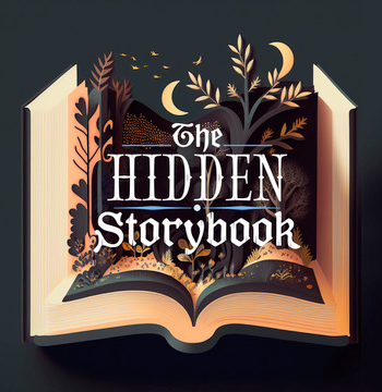 A square promotional image for The Hidden Storybook. It features an illustration of an open hardcover book with a three dimensional forest scene unfolding behind the game title rendered in white letters.