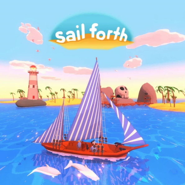 A square promotional image for Fantastic Arcade’s game of the month Sail Forth. It features a small sailboat on open water with islands, a Lighthouse, and a pirate haven in the background.