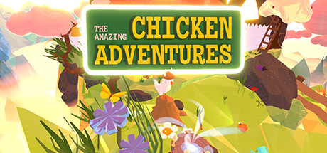 A rectangular promotional image for The Amazing Chicken Adventures. It features the game title with yellow lettering on a green rectangle, in the background is a scene from the game featuring a green hilly landscape with one of the chicken protagonists.