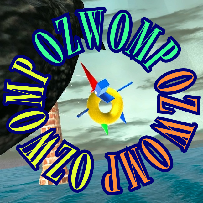A square promotional image for the Ozwomp Series. Title of the series is oriented in a circular fashion with the word Ozwomp repeated three times in Green, Yellow, and Orange. The title surrounds a multi-colored polygon shaped character from the series.