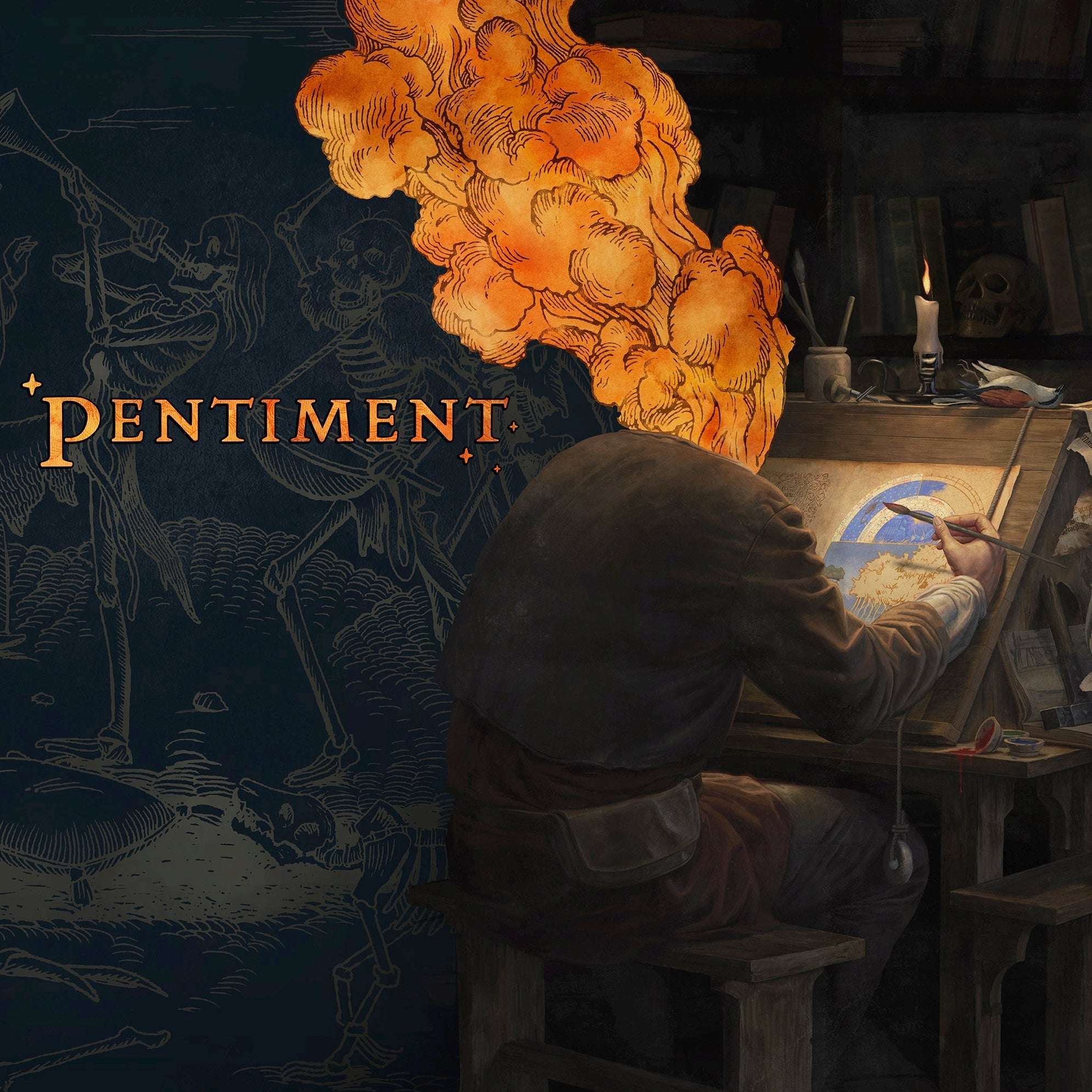 A rectangular promotional image for Pentiment. There is an unidentified character leaning over a table painting, their head is shrouded in orange smoke.