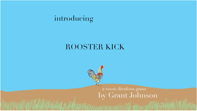 A rectangular promotional image for Rooster Kick featuring a rooster standing on a dirtmound with the game title above in Western lettering. 