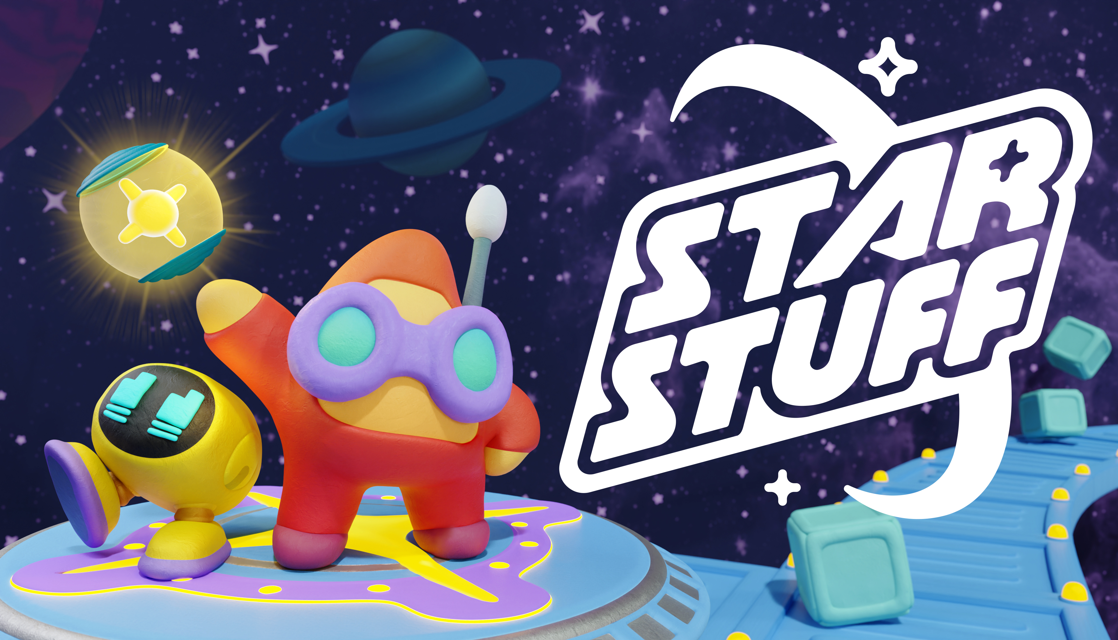 A rectangular promotional image for Star Stuff featuring a Red Star character from the game with its yellow robotic companion standing on a space platform with ringed planets in the background. 