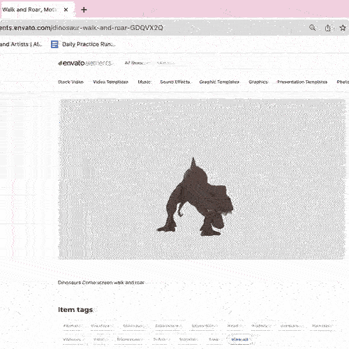 GIF art depicting a video of a stomping T-Rex with a compounding zoom effect