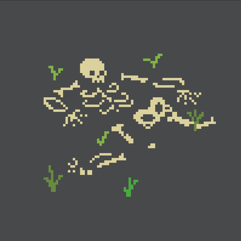 A square promotional image for Memento Mori. It features a pixel drawing of a skeleton decaying in grass.