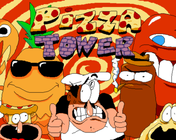 A square promotional image for Pizza Tower featuring the pizza chef giving the thumbs up, he is surrounded by anthropomorphic vegetables. There is a yellow and red swirl in the background.