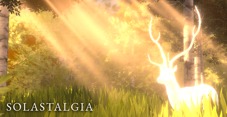 A rectangular promotional image for Solastalgia featuring a sunlit silhouette of a stag, with sun beams in the foreground, and a green forest scene in the background.