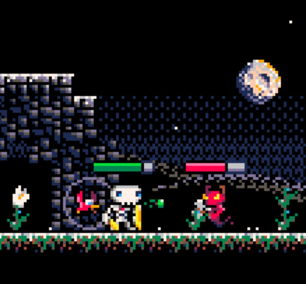 A square promotional image for Tuck & Rolo. The image is made in a pixel art style and shows a scene from the game where the characters Tuck, a skeleton, and Rolo, a bird, are fighting a red demon.