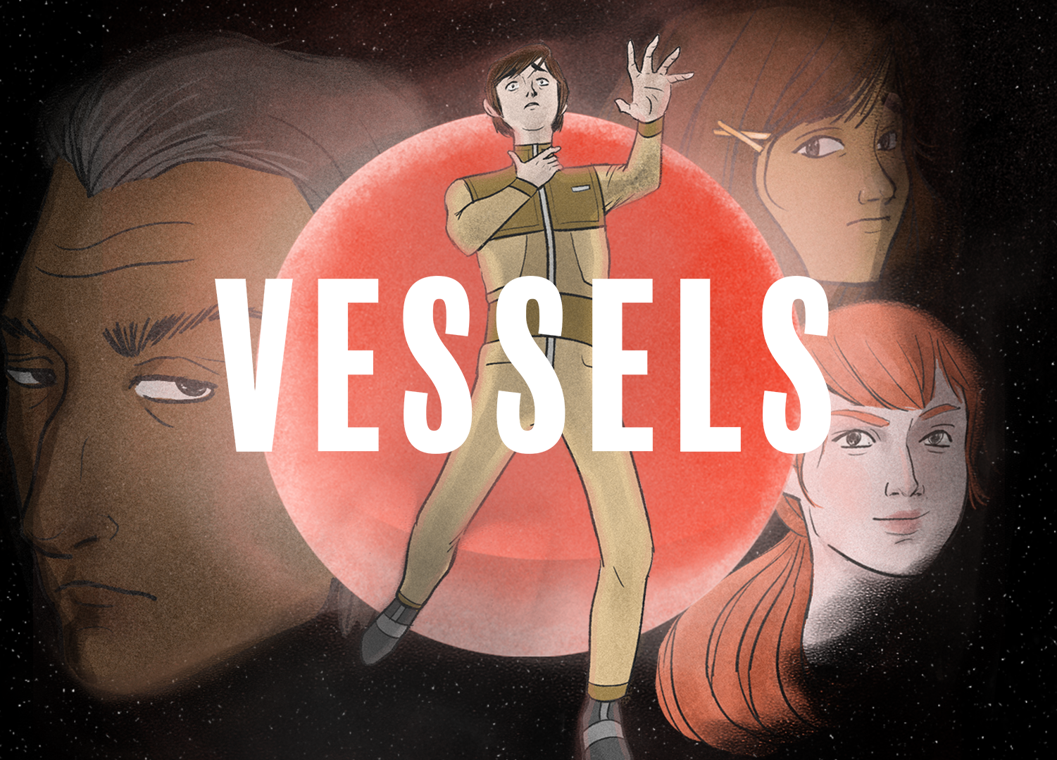 A square promotional image for Vessels. The image shows the title Vessels in white text with a game character floating behind the title gasping for breath with 3 disembodied heads of other game characters in the background.