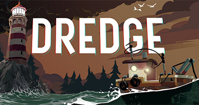 On the left a lighthouse and on the right ship afloat a dark and spooky ocean, a promotional image for Dredge