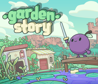 A bluebbery holding a sword on a deck in front of a house, a promotional image for Garden Story