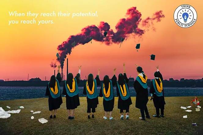 Higher learning graduates tossing caps in front of a polluting factory, a promotional image for the  project THINK Public Schools