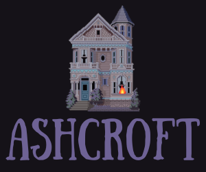 A promotional image for Ashcroft. A Victorian-style house painted white with lavender accents is centered on a black backgroud, the title Ashcroft is lettered in a similar lavender color at the bottom.