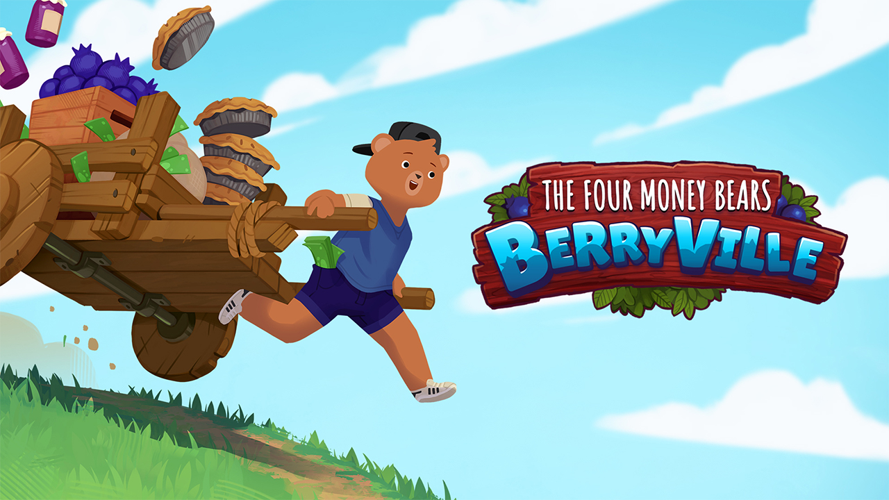A promotional image for Vee-Shift. A bear in a backwards baseball cap, T-shirt and jeans is ecstatically pulling a cart with pies, jams and berries while money is flying all over the place.