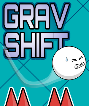 A promotional image for Vee-Shift. A ball is falling down and changing its trajectory upwards, avoiding spikes, by exerting effort.