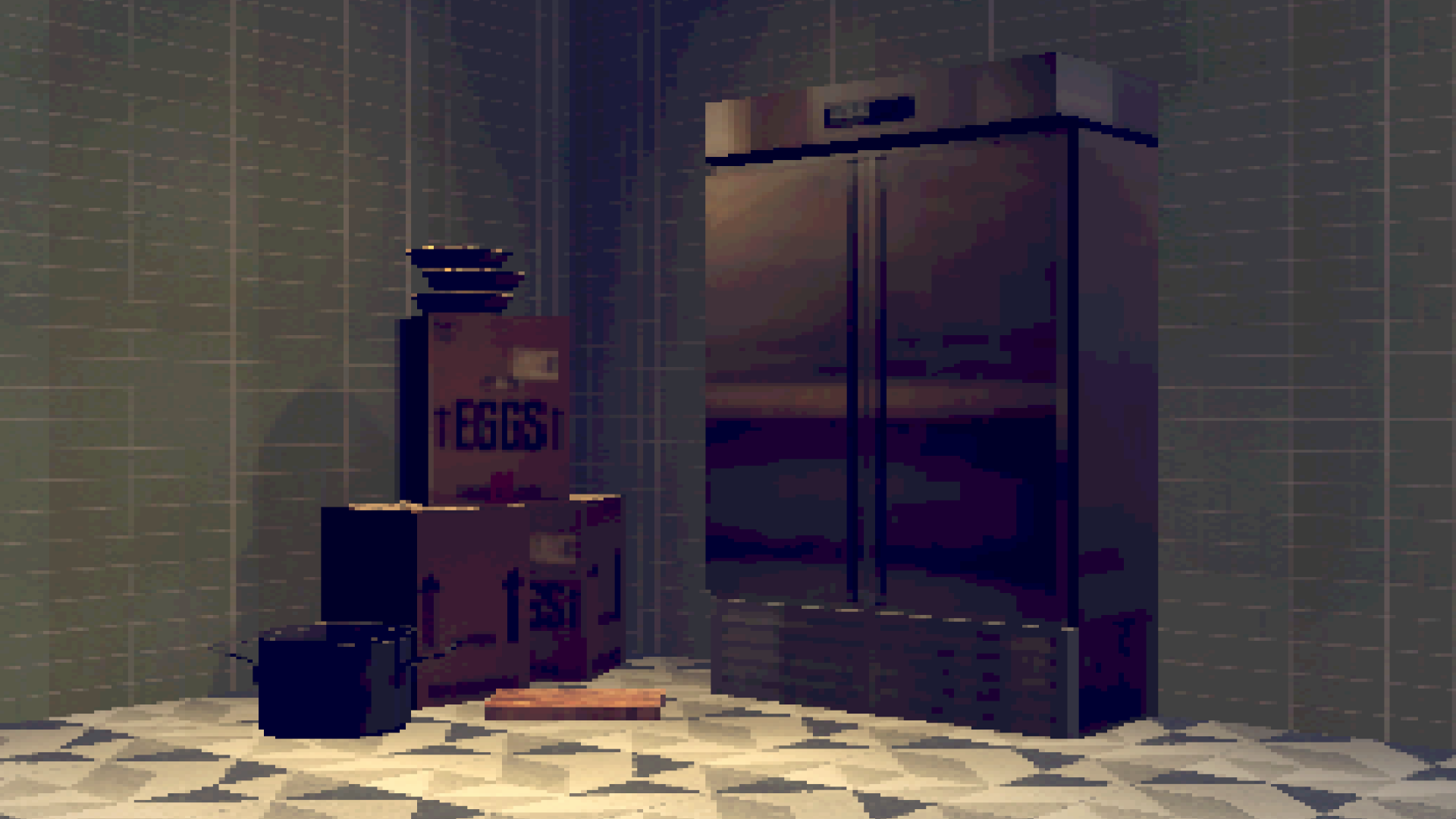 A promotional image for Stomach. 
                    A fridge with boxes of ingredients, pots, and pans right next to it.