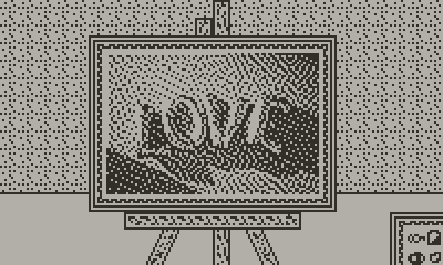 This is a promotional image for ART7 featuring pixel art of the word “love” written on a canvas that is set on an easel. It is black and white.