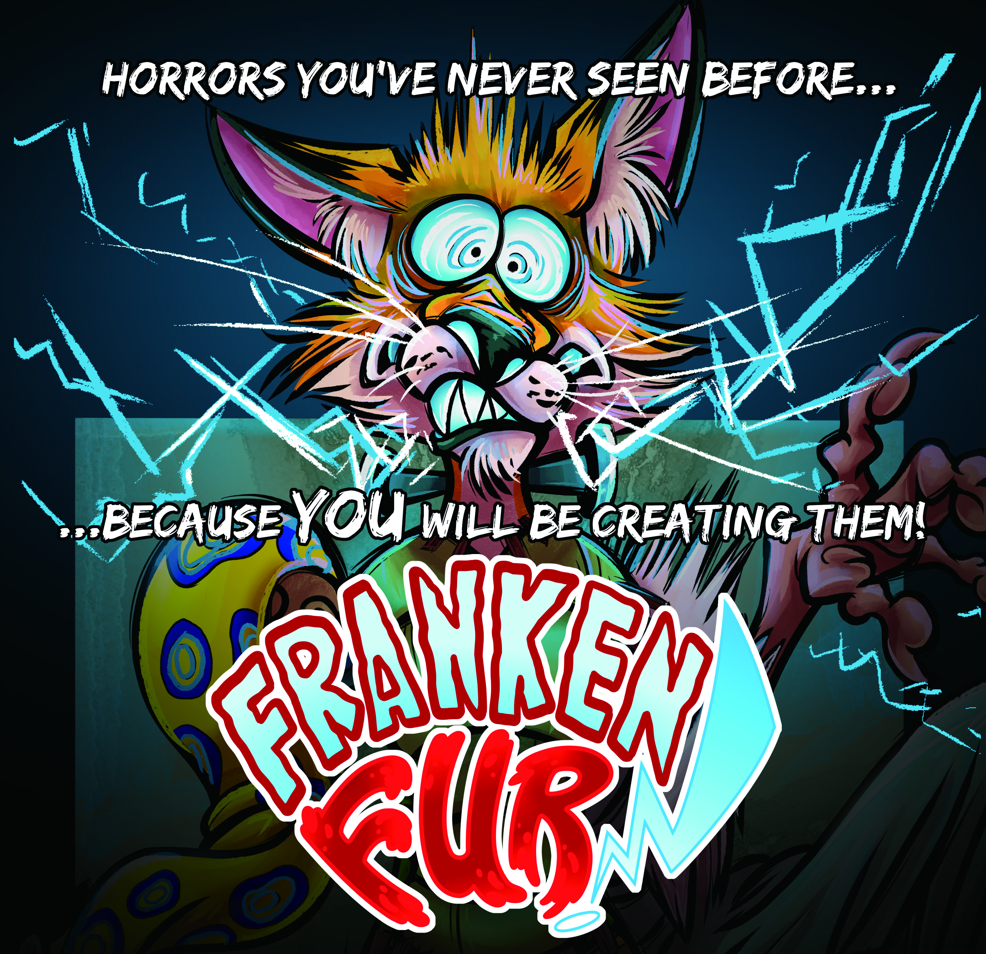 This is a promotional image for Frankenfur which features their tagline “Horrors you’ve never seen before… because YOU will be creating them!”. The image features a werewolf being electrocuted by a yellow eel.