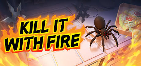 This is a promotional image for Kill it with Fire which features a spider and a pizza box on top of a counter with ninja stars embedded into the surface.