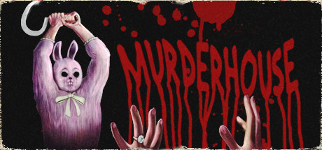 - This is a promotional image for Murder House which features a human in a pink bunny suit wielding a scythe at a pair of upraised hands. Murderhouse is written across the image in a bloody style font that is red with a black background.