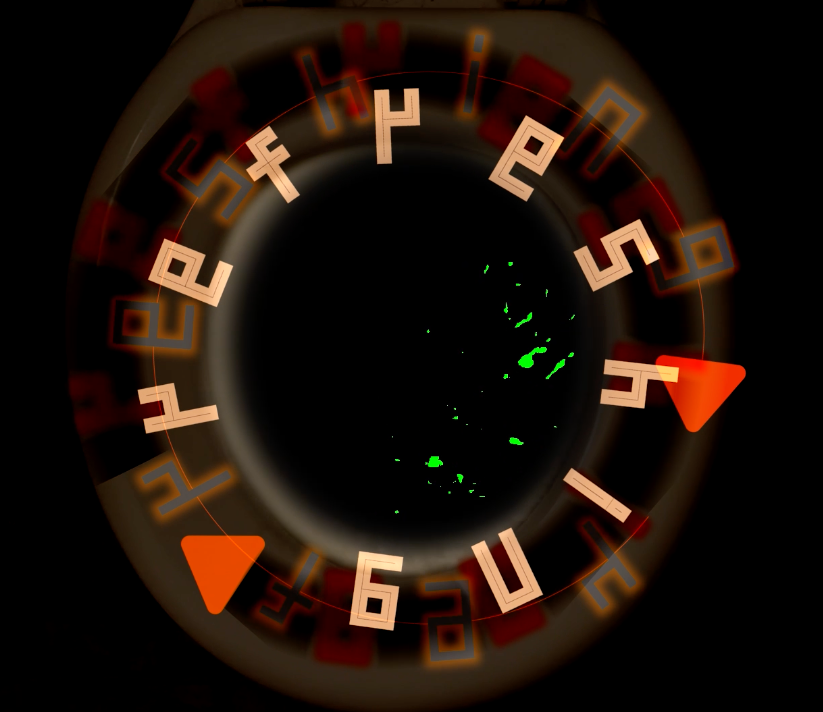 This is a promotional image for the waiting machine which features white, red, and orange letters that are layered and arranged in a circle fashion over a black background.
