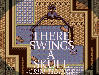 This is a promotional image for There Swings A Skull: Grim Tidings which features a top down view of a level in the game. There is a strange metal contraption centered in the image with a noose dangling from it. The title is rendered in white.