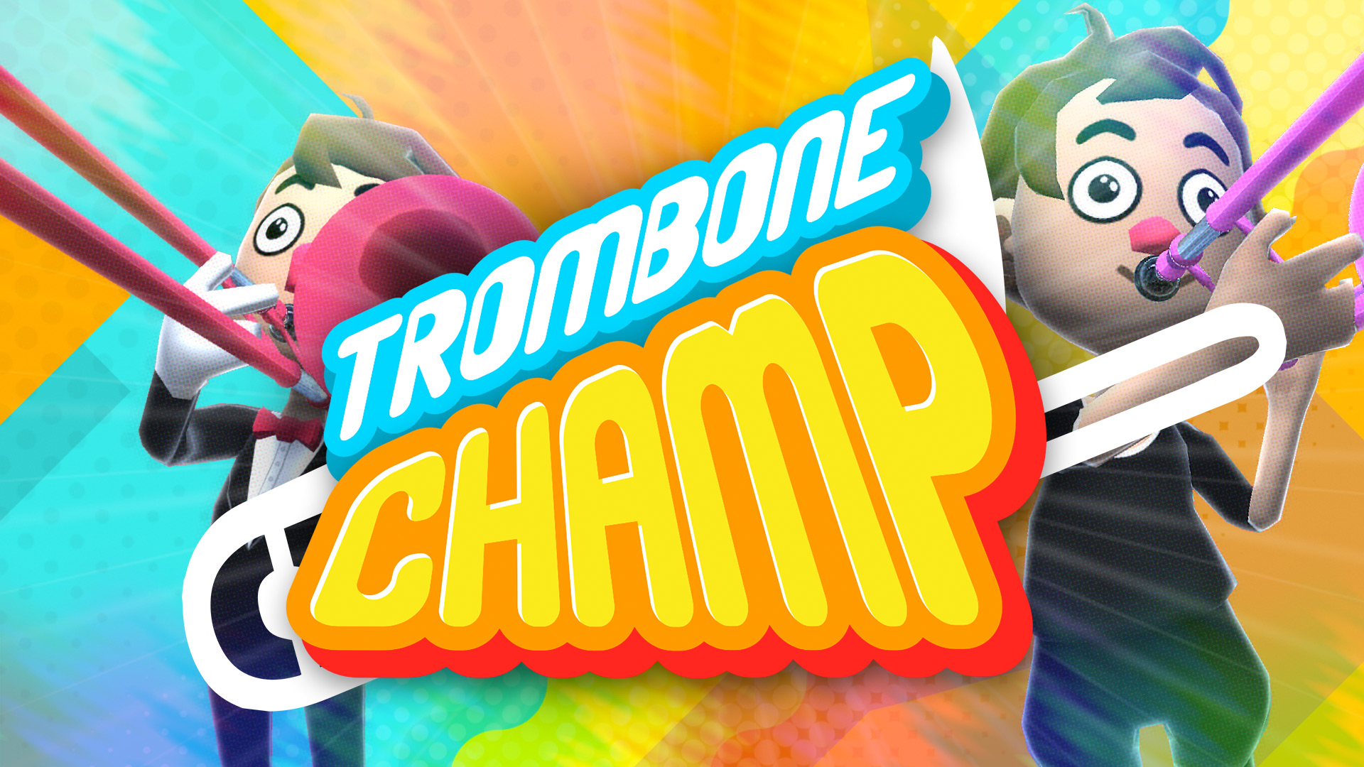 This is a promotional image for Trombone Champ which shows two trombone players playing their instruments behind a bold title “Trombone Champ” rendered in intense rounded font with yellow/red lettering for champ and white/blue lettering for Trombone.